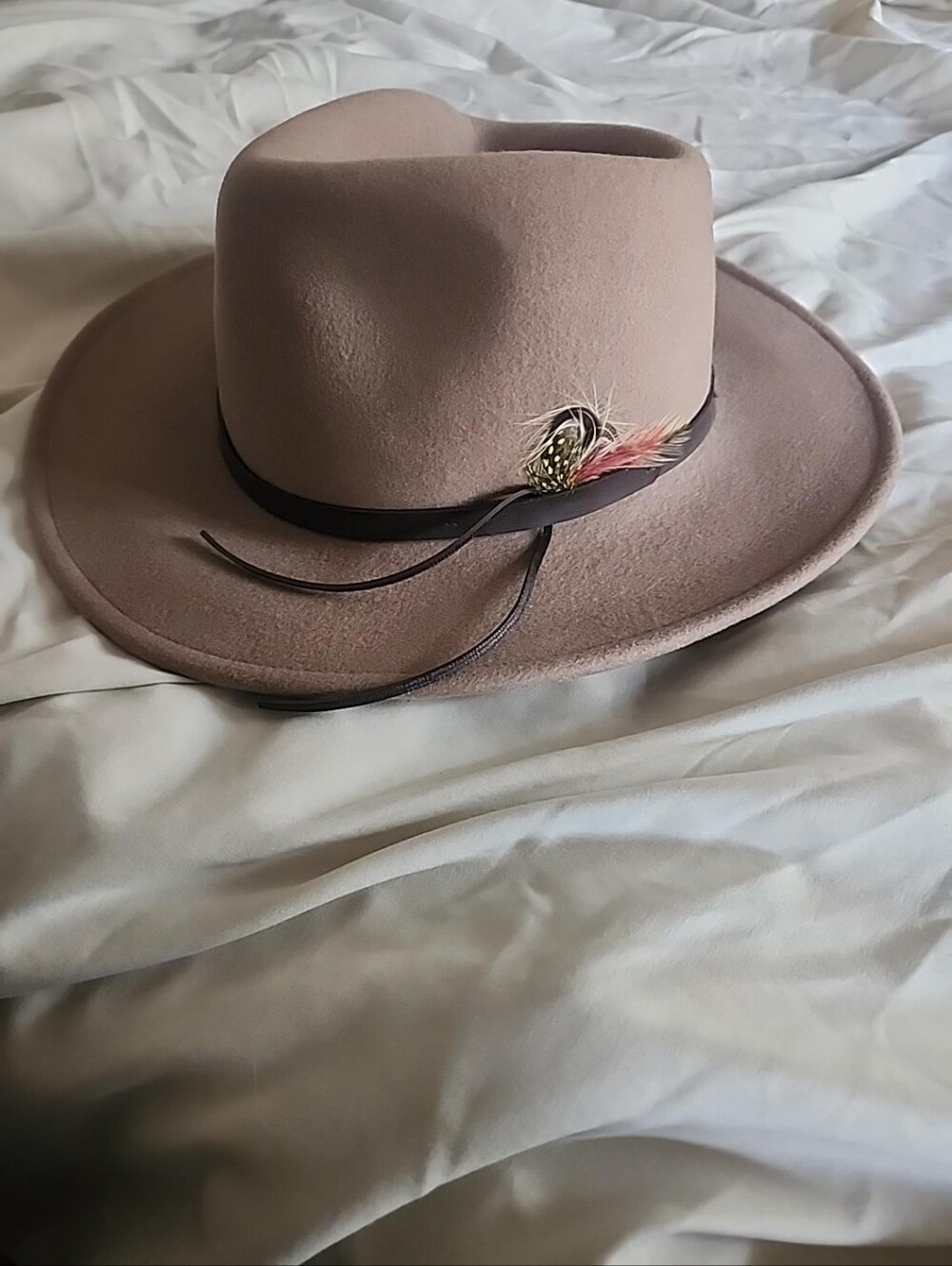 Vintage Scala Classics Four Seasons Felt Hat Taupe Brown Western Fedora Feather